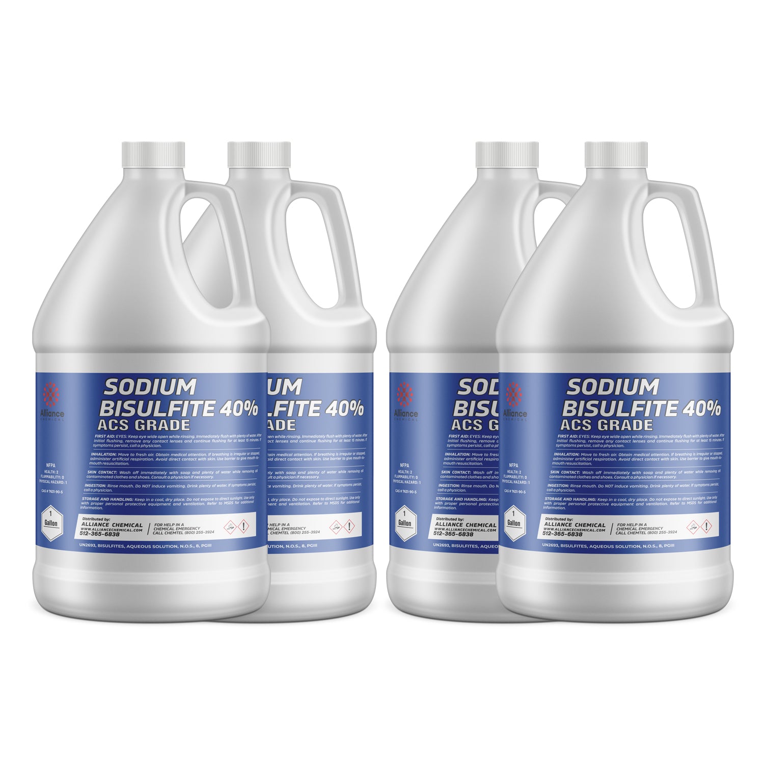 4x1-gallon Sodium Bisulfite 40% ACS Grade in white HDPE jugs with blue labels, hazard symbols, and safety warnings from Alliance Chemical.